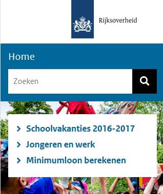 In de mobiele weergave heeft het toptakenblok een prominente plaats: direct onder de homeknop en de zoekbox. In dit voorbeeld zijn drie korte titels voor de toptaken gebruikt.